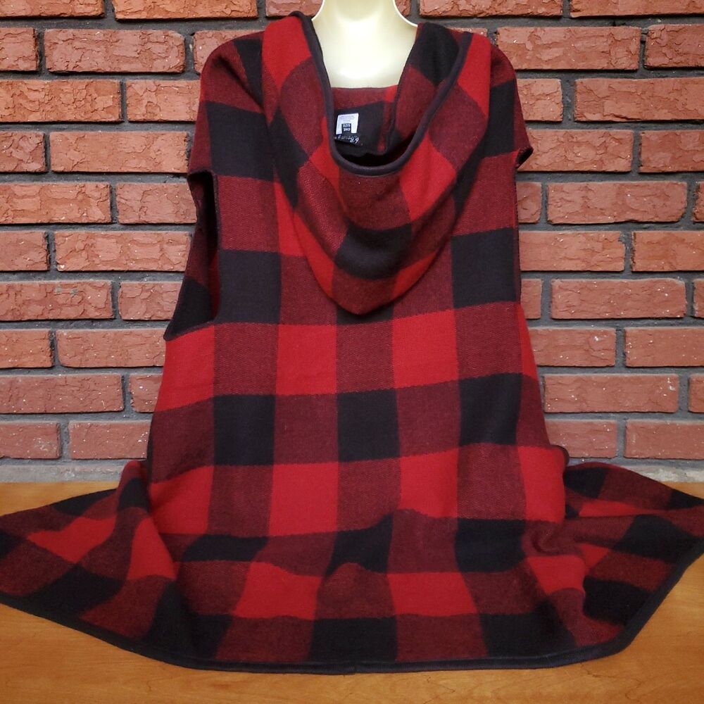 Hooded Poncho Red Black Buffalo Check Plaid Shawl Cape One Size Cabin Lumberjack